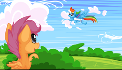 Size: 2000x1160 | Tagged: safe, artist:chiweee, rainbow dash, scootaloo, pegasus, pony, cloud, cloud busting, flying, observer