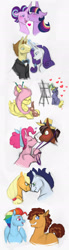 Size: 600x2165 | Tagged: safe, artist:vindhov, derpibooru import, applejack, donut joe, fluttershy, pinkie pie, ponet, quibble pants, rainbow dash, rarity, soarin', starlight glimmer, trouble shoes, twilight sparkle, twilight sparkle (alicorn), alicorn, earth pony, pegasus, pony, rabbit, unicorn, alternate hairstyle, blushing, canvas, easel, eyes closed, female, floppy ears, glowing horn, hat, heart, heart eyes, kissing, lesbian, levitation, lidded eyes, looking at each other, looking back, magic, male, mane six, open mouth, paintbrush, painting, ponetshy, prone, quibbledash, rainbow power, rarijoe, shipping, sitting, smiling, soarinjack, straight, telekinesis, trouble pie, twistarlight, wingding eyes