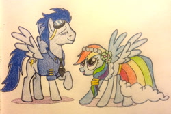 Size: 1024x682 | Tagged: safe, artist:jillybean345, rainbow dash, soarin', pegasus, pony, female, male, shipping, soarindash, straight, traditional art