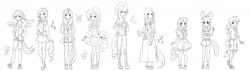 Size: 1765x500 | Tagged: safe, artist:euphoriapony, derpibooru import, apple bloom, applejack, fluttershy, pinkie pie, rainbow dash, rarity, scootaloo, sweetie belle, twilight sparkle, cutie mark crusaders, horned humanization, humanized, line-up, lineart, mane six, monochrome, tailed humanization, winged humanization