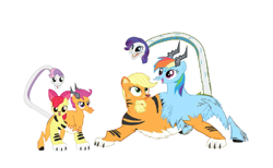Size: 2237x1379 | Tagged: safe, artist:theunknowenone1, derpibooru import, apple bloom, applejack, rainbow dash, rarity, scootaloo, sweetie belle, big cat, chimera, goat, snake, tiger, chimerafied, conjoined, cutie mark crusaders, fusion, multiple heads, rainbow goat, scootagoat, sisters, species swap, the ultimate cutie mark crusader, three heads