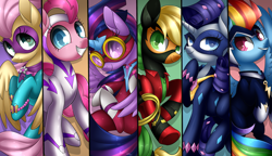 Size: 5100x2946 | Tagged: safe, artist:scarlet-spectrum, derpibooru import, applejack, fili-second, fluttershy, masked matter-horn, mistress marevelous, pinkie pie, radiance, rainbow dash, rarity, saddle rager, twilight sparkle, twilight sparkle (alicorn), zapp, alicorn, earth pony, pegasus, pony, unicorn, power ponies (episode), absurd resolution, clothes, goggles, lasso, mane six, power ponies, rope, split screen, superhero