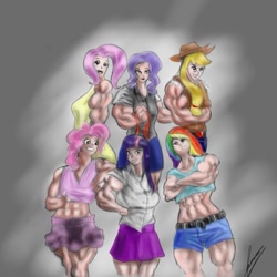 Size: 709x709 | Tagged: safe, artist:neroscottkennedy, derpibooru import, applejack, fluttershy, pinkie pie, rainbow dash, rarity, twilight sparkle, applejacked, humanized, mane six, muscles, muscleshy, pinkie pump, rainbuff dash, ripped rarity, twilight muscle