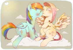 Size: 907x630 | Tagged: safe, artist:chi-hayu, fluttershy, rainbow dash, pegasus, pony, blushing, cloud, cloudy, female, flutterdash, kissing, lesbian, pixiv, shipping