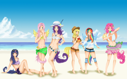 Size: 1000x625 | Tagged: safe, artist:bakakawaicosplay0o0, derpibooru import, applejack, fluttershy, pinkie pie, rainbow dash, rarity, twilight sparkle, human, ball, barefoot, beach, belly button, bikini, clothes, feet, horned humanization, humanized, mane six, sitting, swimsuit, tailed humanization, winged humanization