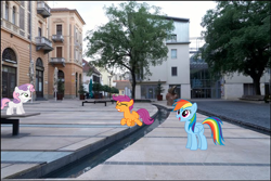 Size: 758x507 | Tagged: safe, artist:bobsicle0, artist:hundebleonidasx, artist:mrlolcats17, artist:yetioner, rainbow dash, scootaloo, sweetie belle, bench, building, happy, irl, outdoors, photo, ponies in real life, tree, trying to fly, vector, waterway