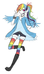 Size: 600x1000 | Tagged: safe, artist:elaphine, derpibooru import, rainbow dash, human, alternate hairstyle, clothes, collar, humanized, ponytail, rainbow socks, shirt, shorts, simple background, socks, solo, striped socks, sweatband, winged humanization