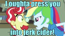 Size: 1280x716 | Tagged: safe, edit, edited screencap, screencap, flam, rainbow dash, a case for the bass, equestria girls, rainbow rocks, the super speedy cider squeezy 6000, blue text, image macro, meme, text