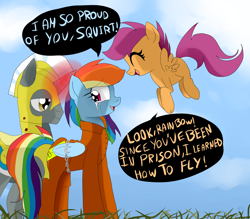 Size: 1600x1400 | Tagged: safe, artist:misspolycysticovary, rainbow dash, scootaloo, pegasus, pony, clothes, heartwarming, liquid pride, prison outfit, prisoner, prisoner rd, royal guard, scootaloo can fly