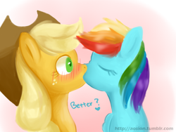 Size: 600x450 | Tagged: safe, artist:sion, derpibooru import, applejack, rainbow dash, earth pony, pegasus, pony, appledash, female, kissing, lesbian, shipping