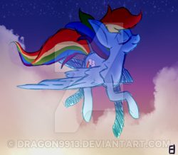 Size: 400x350 | Tagged: safe, artist:dragon9913, derpibooru import, rainbow dash, pegasus, pony, flying, solo, watermark