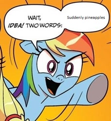 Size: 334x366 | Tagged: safe, rainbow dash, earth pony, pegasus, pony, asdfmovie, blonde mane, blue coat, blue wings, dialogue, exploitable meme, female, mare, meme, multicolored hair, open mouth, orange background, raised hoof, raised leg, simple background, smiling, speech bubble, two words meme, underhoof, wings