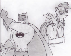 Size: 586x462 | Tagged: safe, artist:mangameister, rainbow dash, pegasus, pony, batman, batman and robin, batman: the brave and the bold, crossover, dc comics, monochrome, robin