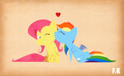 Size: 2527x1556 | Tagged: safe, artist:fluttershythekind, fluttershy, rainbow dash, pegasus, pony, female, flutterdash, heart, kissing, lesbian, shipping