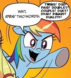 Size: 334x366 | Tagged: safe, rainbow dash, earth pony, pegasus, pony, blonde mane, blue coat, blue wings, dialogue, exploitable meme, female, mare, meme, multicolored hair, open mouth, orange background, raised hoof, raised leg, simple background, smiling, speech bubble, two words meme, underhoof, wings, word play