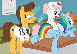 Size: 850x595 | Tagged: safe, artist:hyolark, doctor horse, doctor stable, nurse redheart, rainbow dash, earth pony, pegasus, pony, unicorn, annoyed, butt, clothes, feather flu, featureless crotch, female, frown, gritted teeth, injection, levitation, magic, male, mare, needle, open mouth, plot, prone, raised eyebrow, scared, stallion, syringe, telekinesis, trypanophobia, vaccination