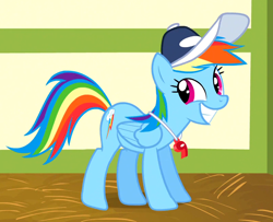 Size: 800x650 | Tagged: safe, derpibooru import, screencap, rainbow dash, pegasus, pony, flight to the finish, cap, coach, coach rainbow dash, cute, dashabetes, female, happy, hat, mare, ponyville schoolhouse, rainbow, rainbow dashs coaching whistle, smiling, solo, whistle, whistle necklace, wide grin