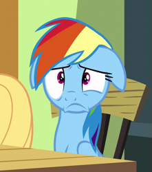 Size: 561x635 | Tagged: safe, derpibooru import, screencap, rainbow dash, zephyr breeze, pegasus, pony, flutter brutter, chair, floppy ears, frown, offscreen character, sitting, solo