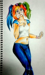 Size: 1500x2481 | Tagged: safe, artist:nolyanimeid, derpibooru import, rainbow dash, human, belly button, clothes, humanized, midriff, pants, pigtails, shirt, short shirt, simple background, solo, t-shirt, traditional art, twintails