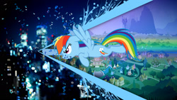 Size: 1920x1080 | Tagged: safe, artist:spntax, derpibooru import, rainbow dash, pegasus, pony, angry, city, female, flying, fourth wall, fourth wall destruction, frown, irl, mare, night, photo, ponyville, solo, wallpaper