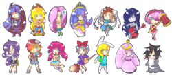 Size: 1457x636 | Tagged: safe, artist:nerinserene, derpibooru import, applejack, fluttershy, pinkie pie, rainbow dash, rarity, twilight sparkle, twilight sparkle (alicorn), alicorn, human, amy rose, chibi, chun li, crossover, humanized, mane six, marceline, princess bubblegum, sonic the hedgehog (series), traditional art