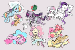 Size: 500x336 | Tagged: safe, derpibooru import, angel bunny, apple bloom, applejack, fluttershy, opalescence, pinkie pie, rainbow dash, rarity, spike, sweetie belle, twilight sparkle, dragon, earth pony, pegasus, pony, unicorn, mane seven, mane six, parody, pillow, reference, sleeping, tantei opera milky holmes