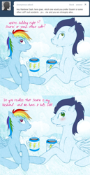 Size: 400x776 | Tagged: safe, artist:tinuleaf, rainbow dash, soarin', pegasus, pony, ask rainbow dash family, coffee, female, male, shipping, soarindash, straight, tumblr