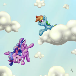 Size: 3000x3000 | Tagged: safe, artist:solipsus, rainbow dash, twilight sparkle, twilight sparkle (alicorn), alicorn, pegasus, pony, cloud, cloudy, female, flying, mare, sky