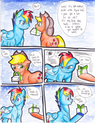 Size: 2552x3300 | Tagged: safe, artist:tristanjsolarez, derpibooru import, applejack, rainbow dash, earth pony, pegasus, pony, comic:trans ponies, appledash, comic, duo, female, hoof hold, implied tex, male, mare, mouth hold, night, package, present, shipping, stallion, stars, straight, traditional art, transgender