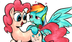 Size: 634x376 | Tagged: safe, artist:kittyhawk-contrail, derpibooru import, pinkie pie, rainbow dash, earth pony, pegasus, pony, bedroom eyes, female, flower, flower in mouth, heart, lesbian, lidded eyes, mouth hold, pinkiedash, rose, shipping