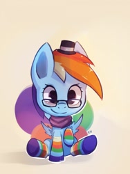 Size: 960x1280 | Tagged: safe, artist:flyingoats, derpibooru import, rainbow dash, pegasus, pony, chibi, clothes, cute, dashabetes, glasses, hat, hipster, rainbow socks, scarf, socks, solo, striped socks