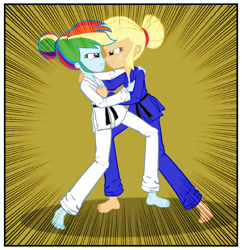 Size: 925x956 | Tagged: safe, artist:ponymaan, derpibooru import, applejack, rainbow dash, comic:lyra-lyra's bizarre adventure, equestria girls, angry, barefoot, black belt, clothes, comic, competition, feet, fight, gi, gritted teeth, hatless, judo, martial arts, missing accessory, robe, trousers