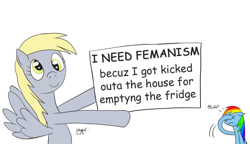 Size: 900x517 | Tagged: safe, artist:cartoon-eric, edit, derpy hooves, rainbow dash, pegasus, pony, facehoof, female, feminism, i emptied your fridge, mare, mouthpiece, parody, sign