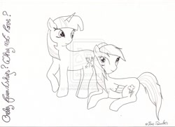 Size: 1024x741 | Tagged: safe, artist:yumiandwilliam, rainbow dash, twilight sparkle, pegasus, pony, black and white, female, grayscale, lesbian, monochrome, shipping, sketch, twidash, watermark