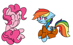 Size: 636x396 | Tagged: safe, artist:alyssajayfeather, derpibooru import, pinkie pie, rainbow dash, earth pony, pegasus, pony, bound wings, chains, clothes, eyes closed, floppy ears, laughing, prison outfit, prisoner, prisoner rd