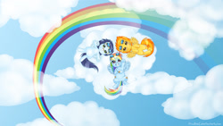Size: 1920x1080 | Tagged: safe, artist:tinuleaf, rainbow dash, soarin', spitfire, pegasus, pony, cloud, cloudy, rainbow