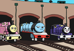 Size: 1562x1080 | Tagged: safe, artist:sausesource, fluttershy, rainbow dash, rarity, fluttertrain, gordon the big engine, percy the small engine, rainbow dash is not amused, shed, species swap, thomas the tank engine, train, train pony, trainified, wat