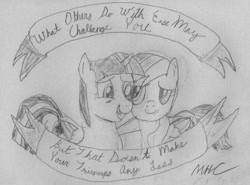 Size: 1104x817 | Tagged: safe, artist:medicinemane, rainbow dash, twilight sparkle, twilight sparkle (alicorn), alicorn, pegasus, pony, female, mare, monochrome, mouthpiece, positive ponies, traditional art