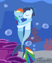 Size: 1024x1241 | Tagged: safe, artist:rulette, rainbow dash, soarin', mermaid, merpony, female, kissing, male, mermaid lovers, mermaidized, merman, mermanized, shipping, soarindash, straight, underwater