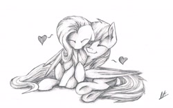 Size: 2805x1752 | Tagged: safe, artist:navigatoralligator, fluttershy, rainbow dash, pegasus, pony, female, flutterdash, heart, hug, lesbian, monochrome, shipping, traditional art