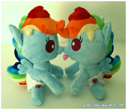 Size: 1024x885 | Tagged: safe, artist:zuckerschnuti, derpibooru import, rainbow dash, pony, baby, baby pony, duo, foal, irl, photo, plushie, self ponidox, tongue out