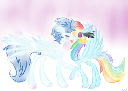 Size: 1024x731 | Tagged: safe, artist:swirlyquill, rainbow dash, soarin', pegasus, pony, blushing, eyes closed, female, kissing, male, raised leg, shipping, shocked, soarindash, spread wings, straight