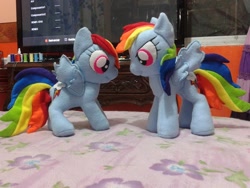 Size: 960x720 | Tagged: safe, artist:legadema, derpibooru import, rainbow dash, comparison, double rainbow, duo, irl, photo, plushie, self ponidox