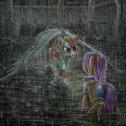 Size: 3000x3000 | Tagged: safe, artist:gor1ck, rainbow dash, scootaloo, pegasus, pony, armor, fanfic art, rain