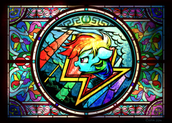 Size: 2520x1800 | Tagged: safe, artist:cigitia, rainbow dash, pegasus, pony, suited for success, cloud, cutie mark, feather, lightning, modern art, nouveau, rainbow, solo, stained glass, storm