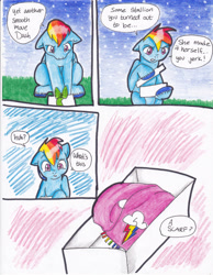 Size: 2552x3296 | Tagged: safe, artist:tristanjsolarez, derpibooru import, rainbow dash, pegasus, pony, comic:trans ponies, clothes, comic, male, package, present, scarf, simple background, solo, stallion, traditional art, transgender