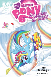 Size: 1032x1566 | Tagged: safe, artist:amy mebberson, derpibooru import, idw, fluttershy, rainbow dash, pegasus, pony, backwards cutie mark, clothes, comic, cover, idw advertisement, official, official comic, snow, snowboard, snowboarding, winter