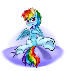 Size: 1370x1450 | Tagged: safe, artist:luciferamon, rainbow dash, pegasus, pony, semi-anthro, blushing, clothes, looking at you, socks, solo, underhoof