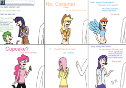 Size: 2336x1636 | Tagged: safe, artist:sigmatheartist, derpibooru import, applejack, caramel, fluttershy, pinkie pie, rainbow dash, rarity, twilight sparkle, ask ponies as humans, belly button, clothes, horned humanization, humanized, mane six, midriff, sports bra, tumblr, winged humanization