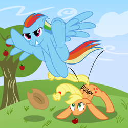 Size: 1200x1200 | Tagged: safe, artist:bajanic, derpibooru import, applejack, rainbow dash, earth pony, pegasus, pony, action pose, apple, funny, grass, hat, hurdle, jumping, tree